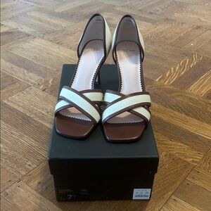 J. Crew Brown and Cream Heeled Canvas With Leather Binding Sandals